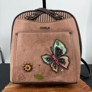 Chala Convertible Backpack Purse in the Dusty Rose Butterfly design faux leather